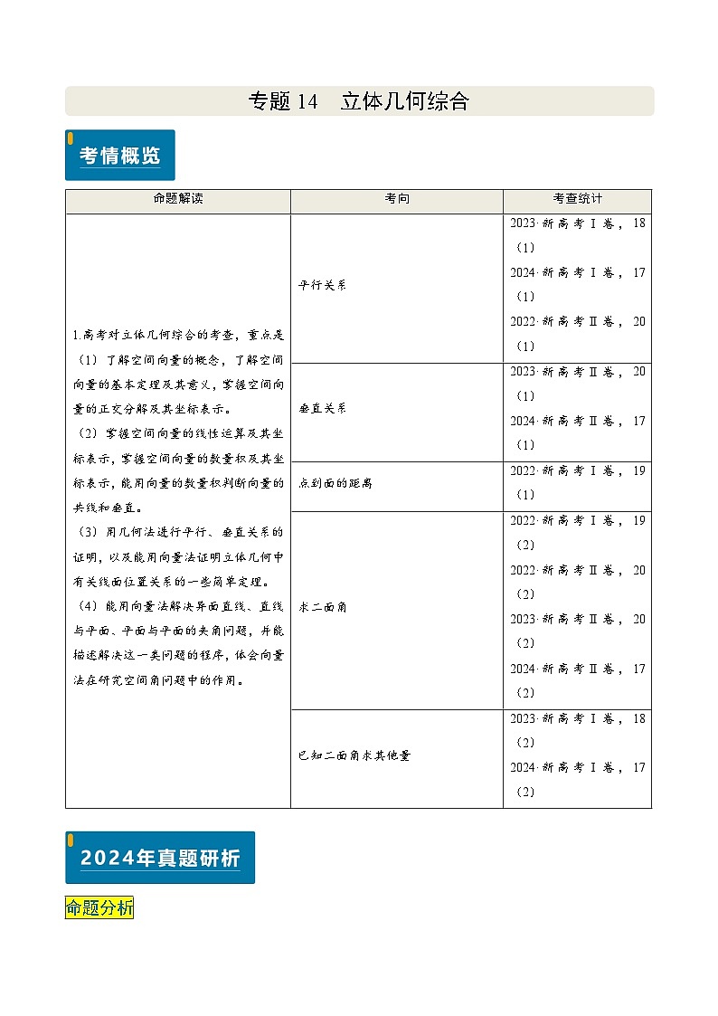 专题14 立体几何综合（5大考向真题解读）--备战2025年高考数学真题题源解密（新高考卷）原卷版第1页