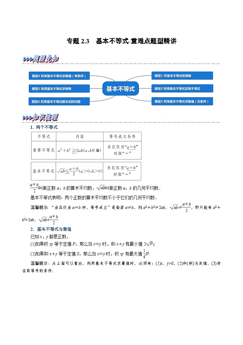 高中数学人教A版（2019）必修一培优练习2-3基本不等式-重难点题型精讲（Word版附解析）01