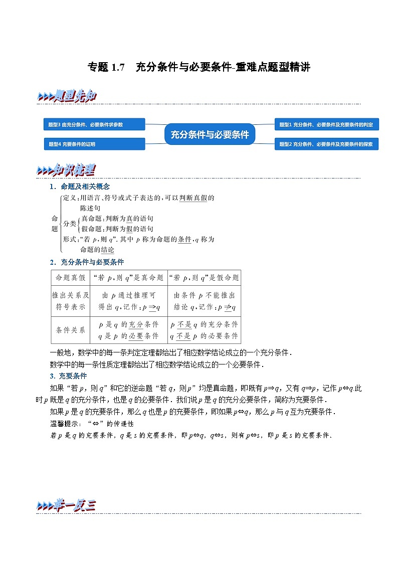 高中数学培优讲义练习（人教A版2019必修一）专题1.7 充分条件与必要条件-重难点题型精讲（学生版）第1页