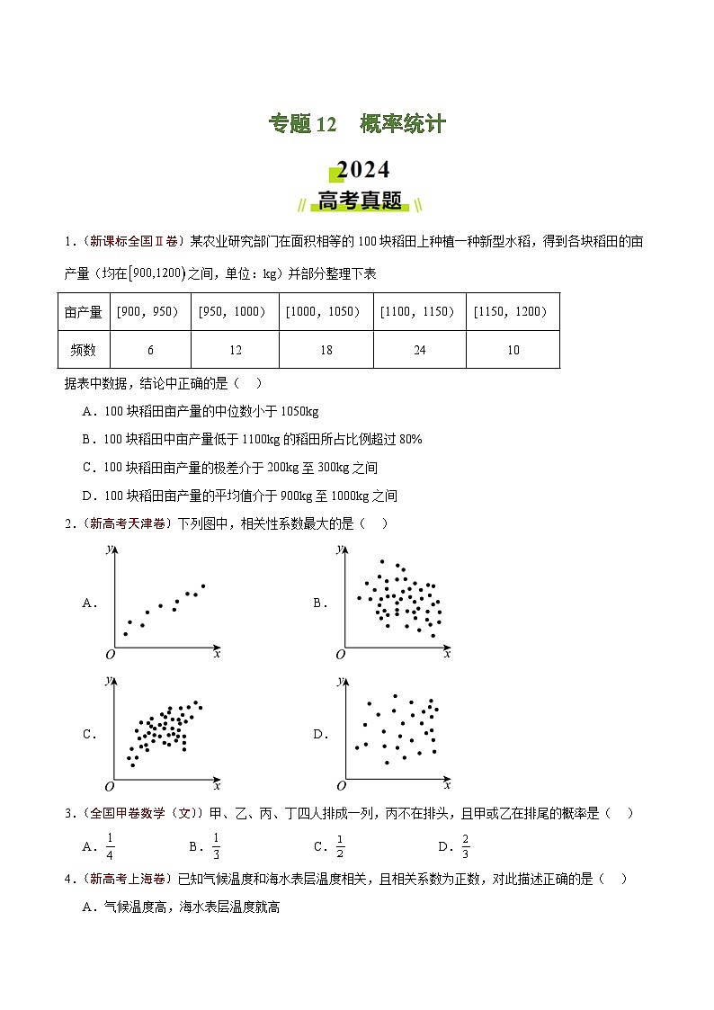 2024年高考真题和模拟题数学分类汇编（全国通用）专题12 概率统计（原卷版）第1页
