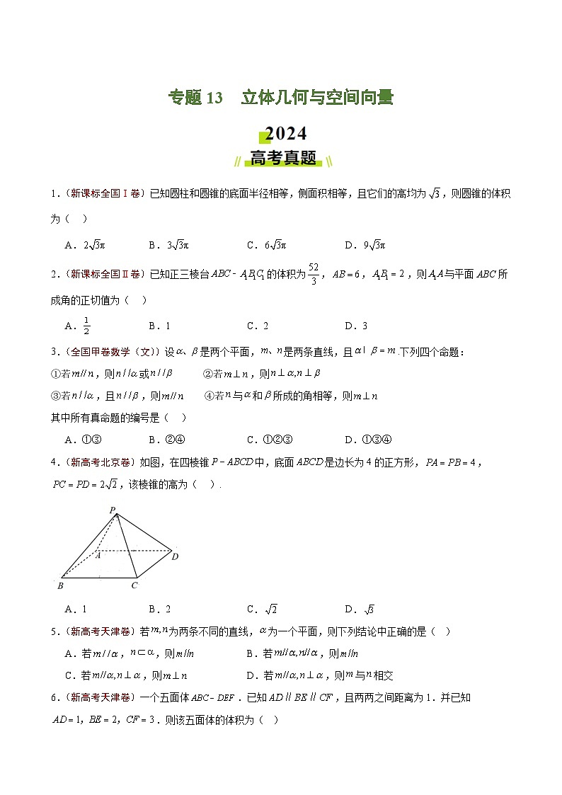 2024年高考真题和模拟题数学分类汇编（全国通用）专题13 立体几何与空间向量（原卷版）第1页