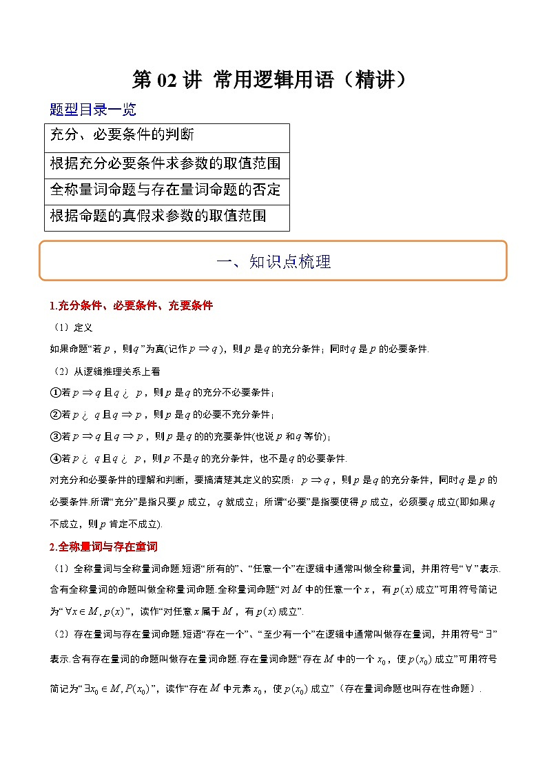 新高考数学一轮复习讲义 第02讲 常用逻辑用语（原卷版）第1页