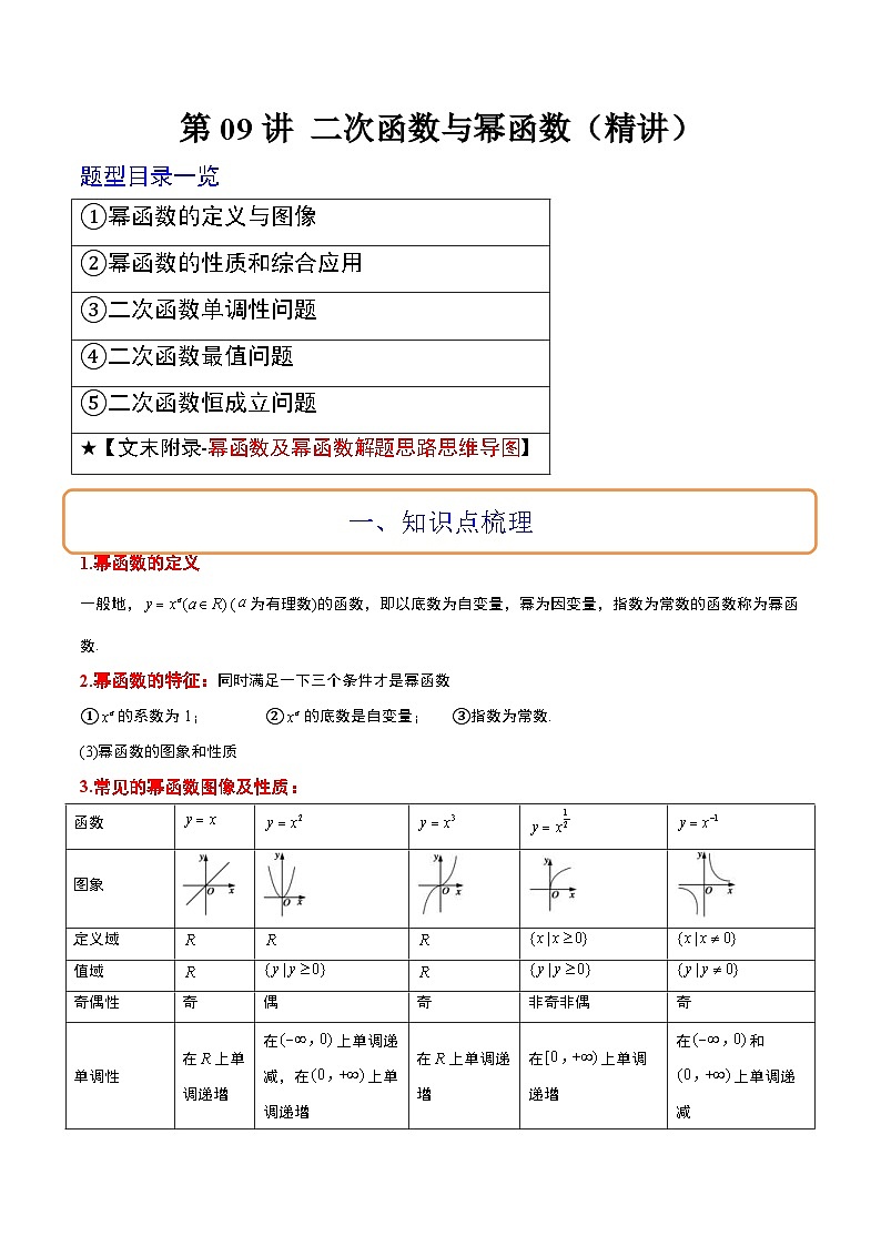 新高考数学一轮复习讲义 第09讲 二次函数与幂函数（2份打包，原卷版+含解析）01