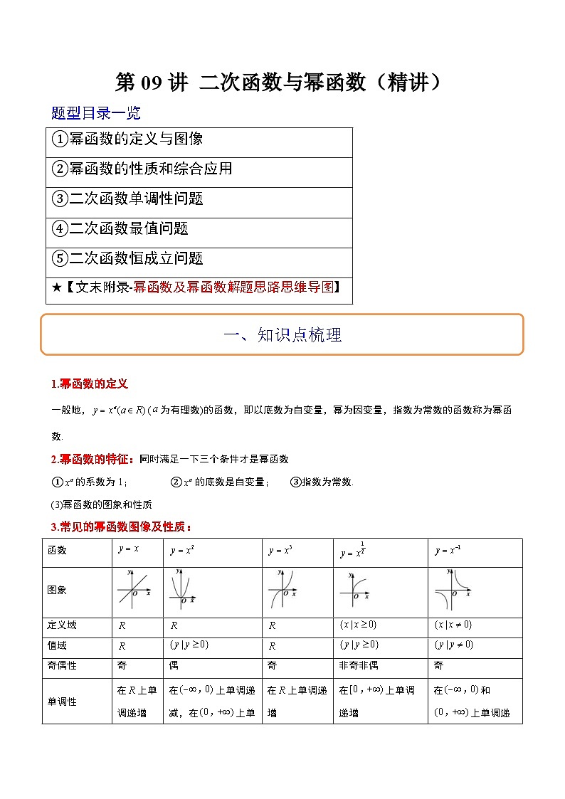新高考数学一轮复习讲义 第09讲 二次函数与幂函数（2份打包，原卷版+含解析）01