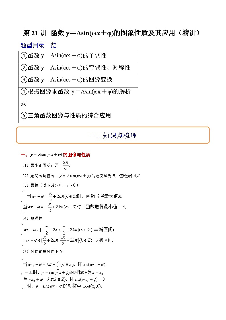 新高考数学一轮复习讲义 第21讲 函数y＝Asin(ωx＋φ)的图象性质及其应用（含解析）第1页
