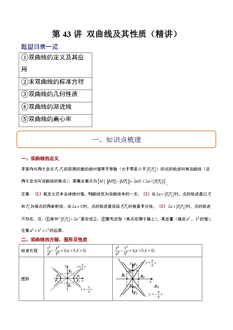 新高考数学一轮复习讲义 第43讲 双曲线及其性质（2份打包，原卷版+含解析）01
