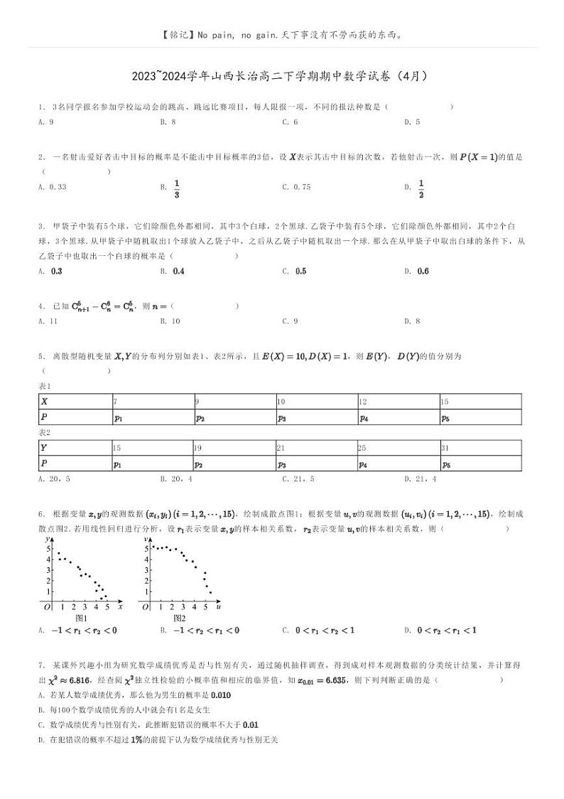 [数学]2023～2024学年山西长治高二下学期期中数学试卷(4月)(原题版+解析版)01