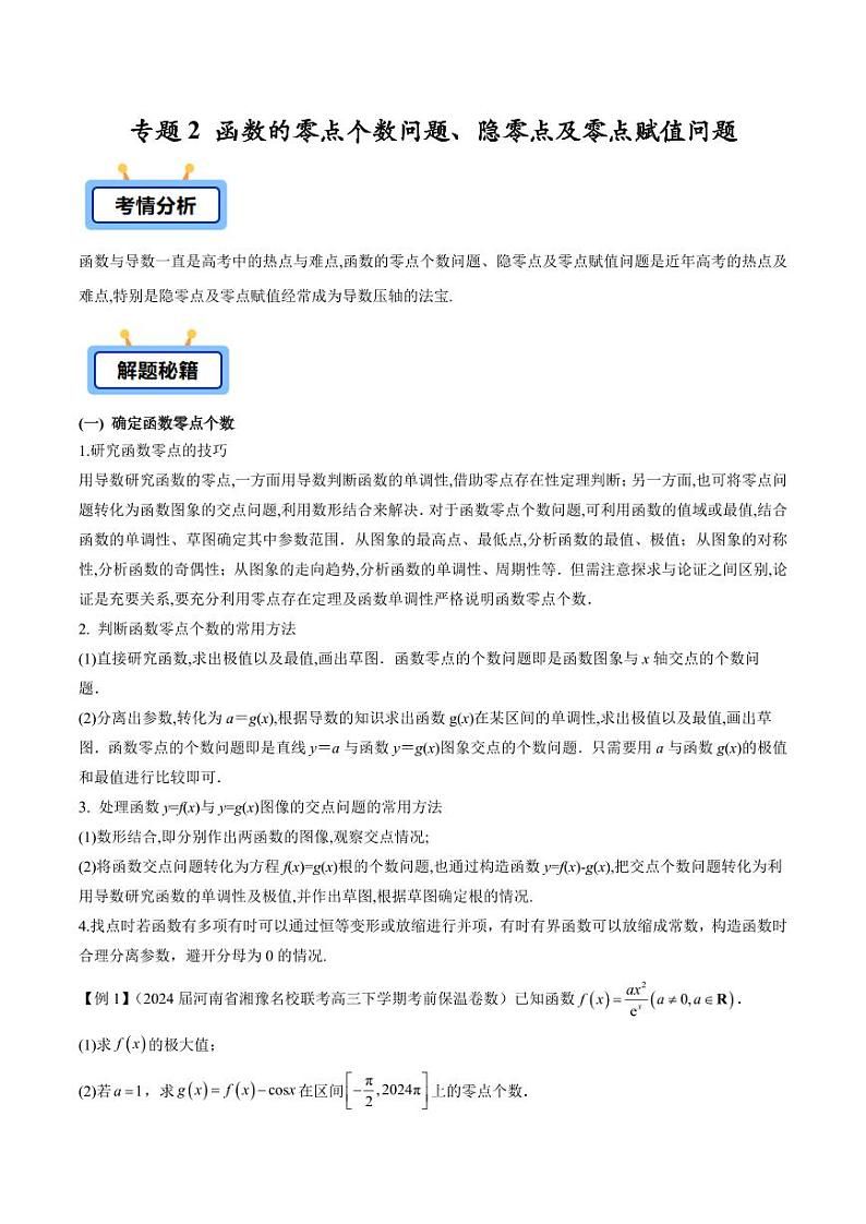 专题02 函数的零点个数问题、隐零点及零点赋值问题（教师版） -2025年高考数学压轴大题必杀技系列·导数第1页