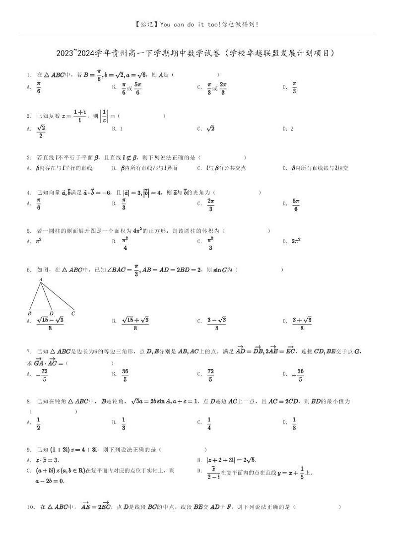 [数学]2023～2024学年贵州高一下学期期中数学试卷(学校卓越联盟发展计划项目)原题版第1页