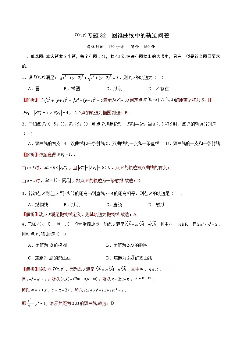 新高考数学一轮复习 圆锥曲线专项重难点突破专题32 圆锥曲线中的轨迹问题(解析版) 第1页