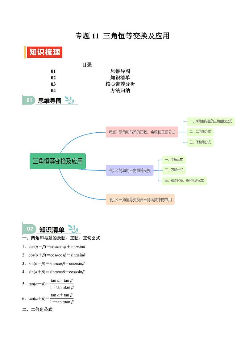 专题11 三角恒等变换及应用（思维导图+知识清单+核心素养分析+方法归纳） 备战2025年高考数学一轮复习《重难点题型与知识梳理·高分突破》第1页