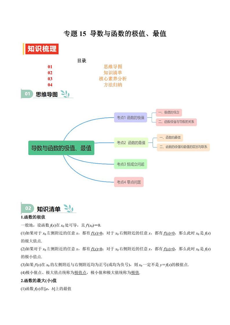 专题15 导数与函数的极值、最值（思维导图+知识清单+核心素养分析+方法归纳） 备战2025年高考数学一轮复习《重难点题型与知识梳理·高分突破》第1页