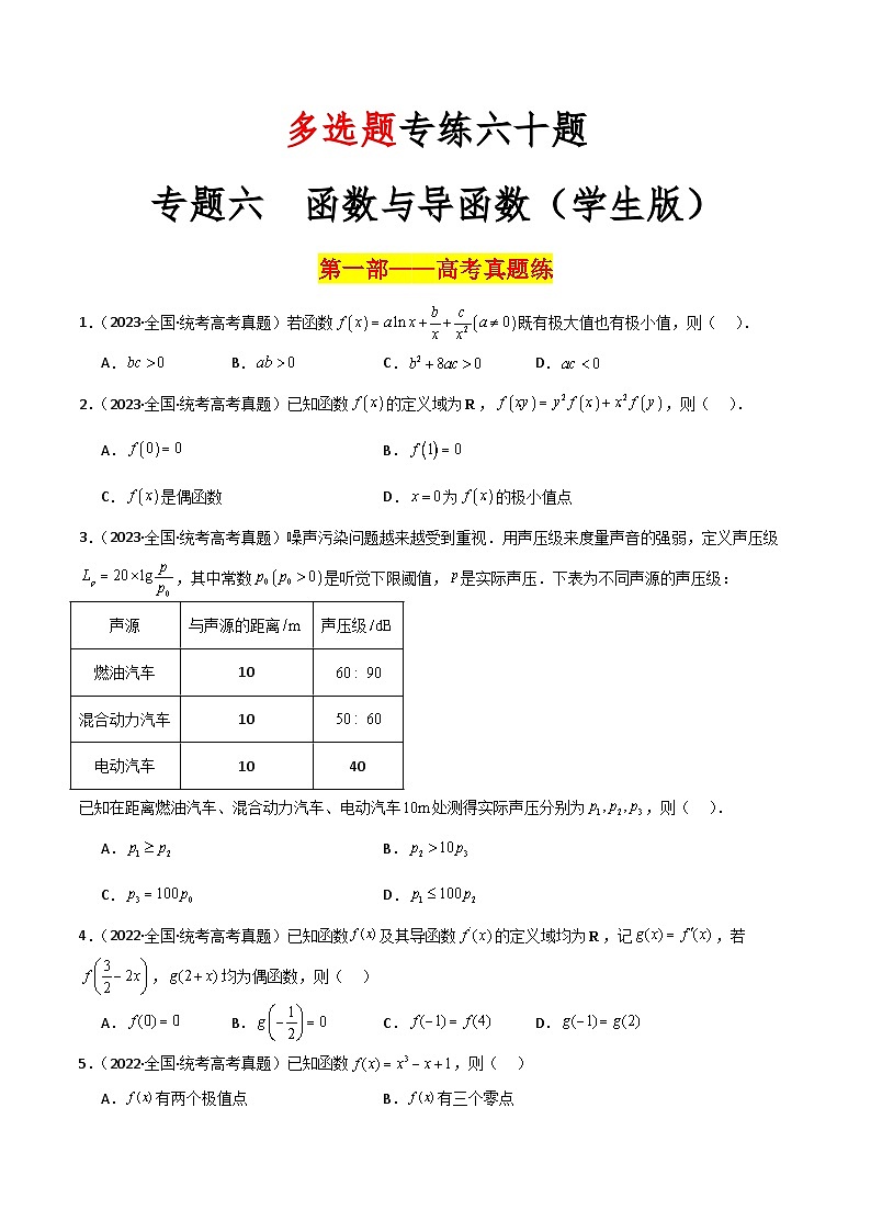 新高考数学二轮复习 多选题分类提升练习专题六【函数与导函数】多选题专练六十题（原卷版）第1页