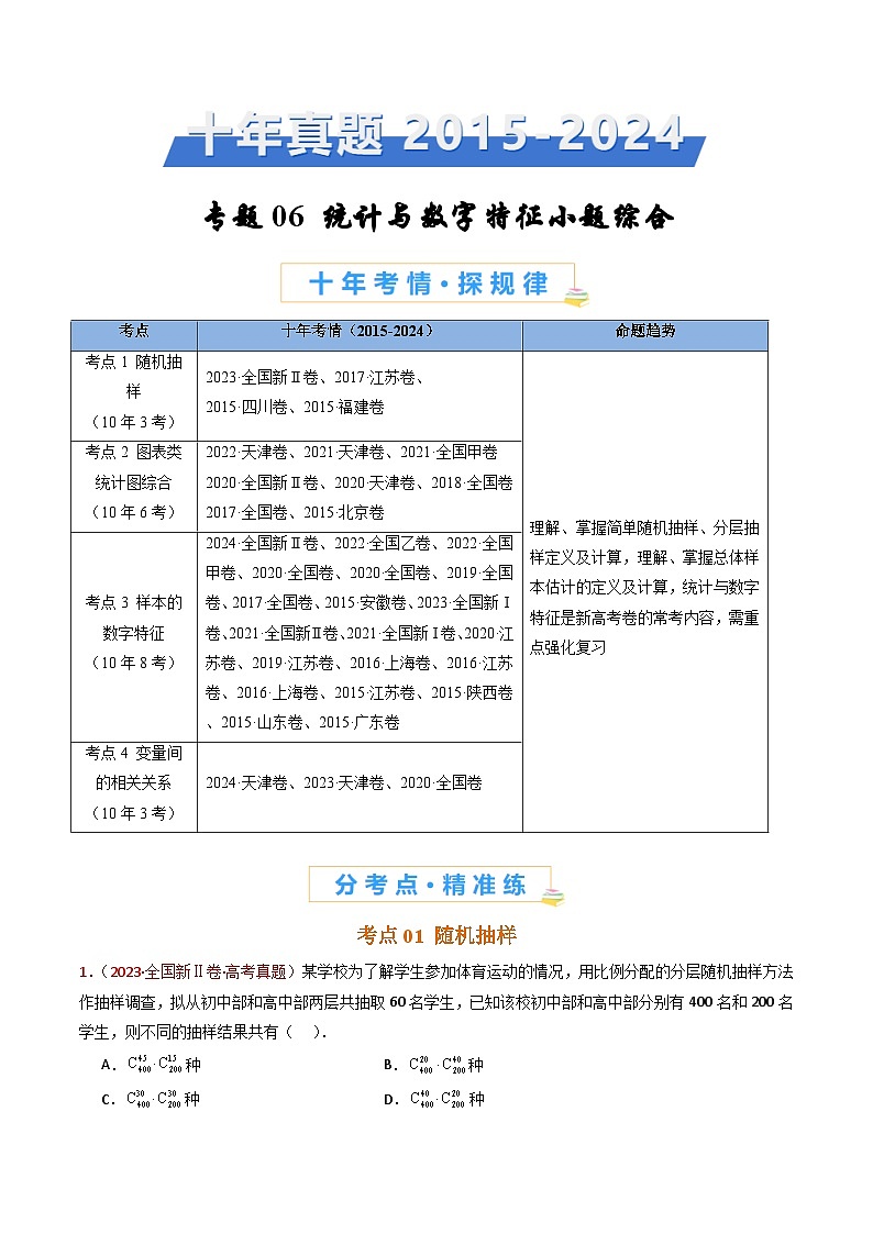 近十年（2015-2024）高考数学真题分项汇编专题06统计与数字特征小题综合（Word版附解析）01