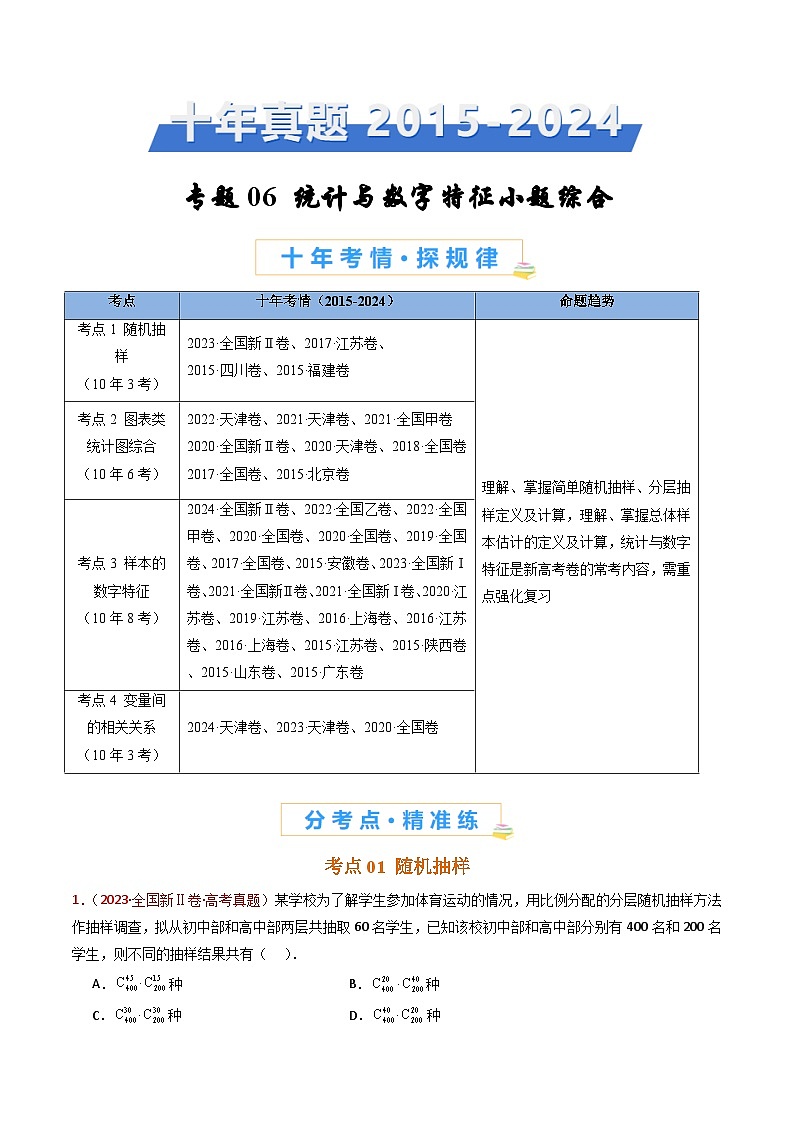 近十年（2015-2024）高考数学真题分项汇编专题06统计与数字特征小题综合（Word版附解析）01