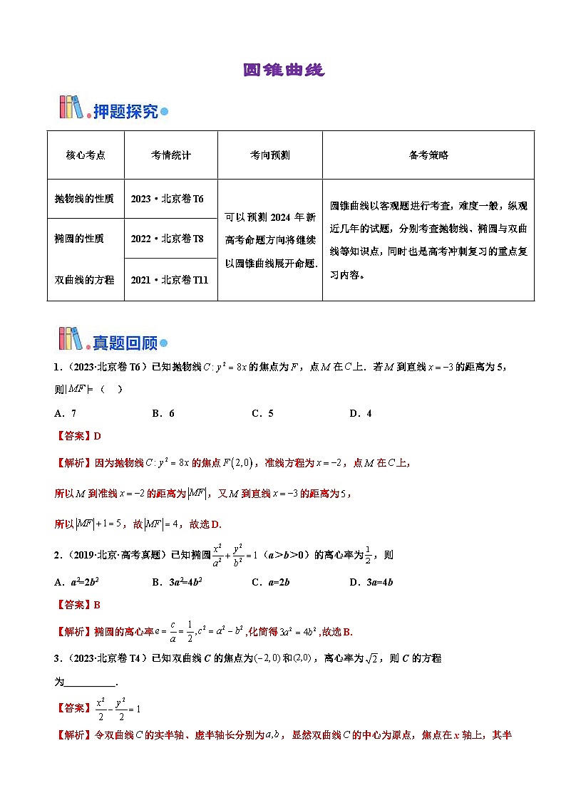 新高考数学三轮冲刺 北京卷押题练习 第8题 圆锥曲线 （解析版）第1页