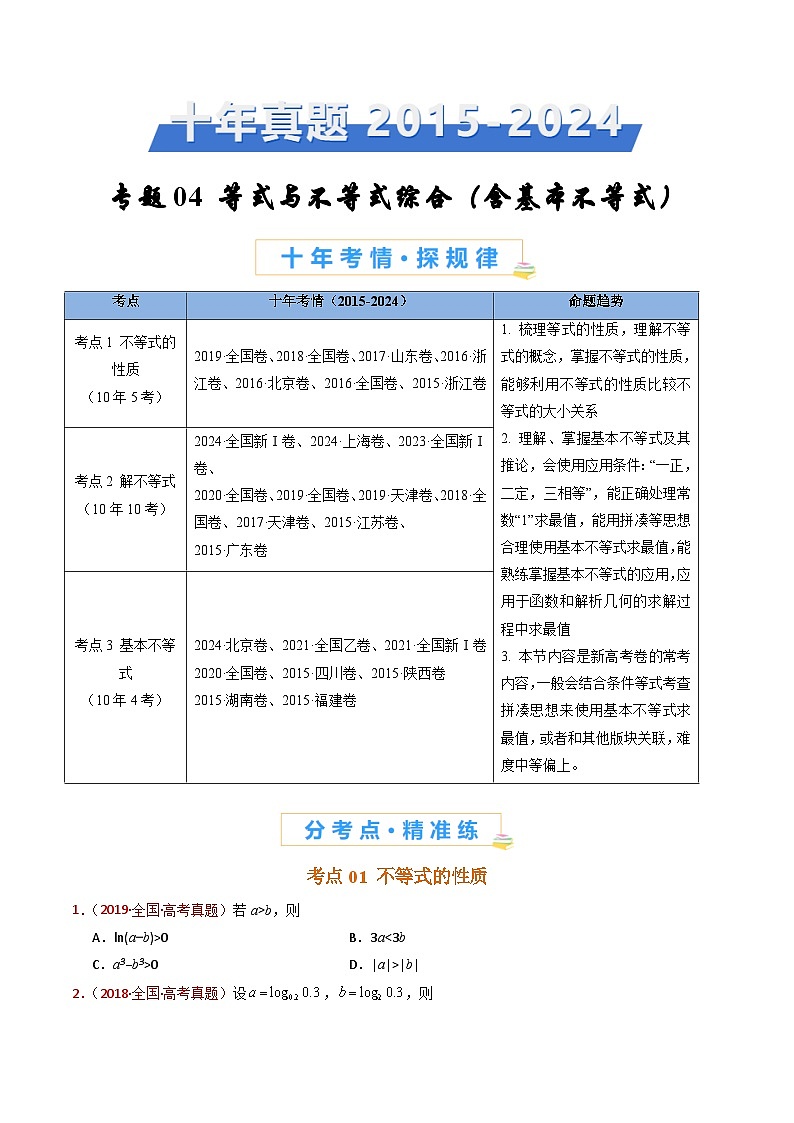 近十年（2015-2024）高考数学真题分项汇编专题04等式与不等式综合（含基本不等式）（Word版附解析）01