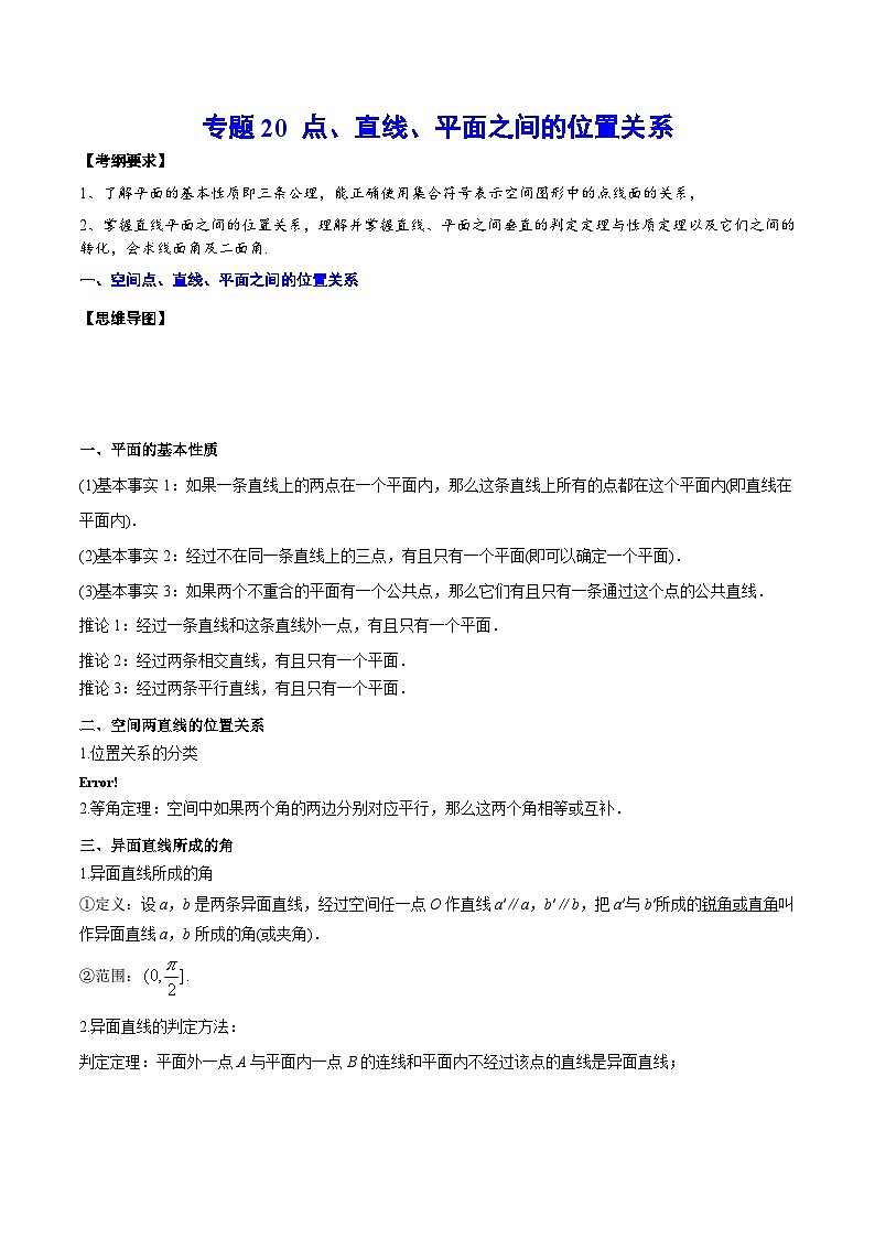 新高考数学一轮复习知识点总结与题型精练专题20 点、直线、平面之间的位置关系(解析版)第1页