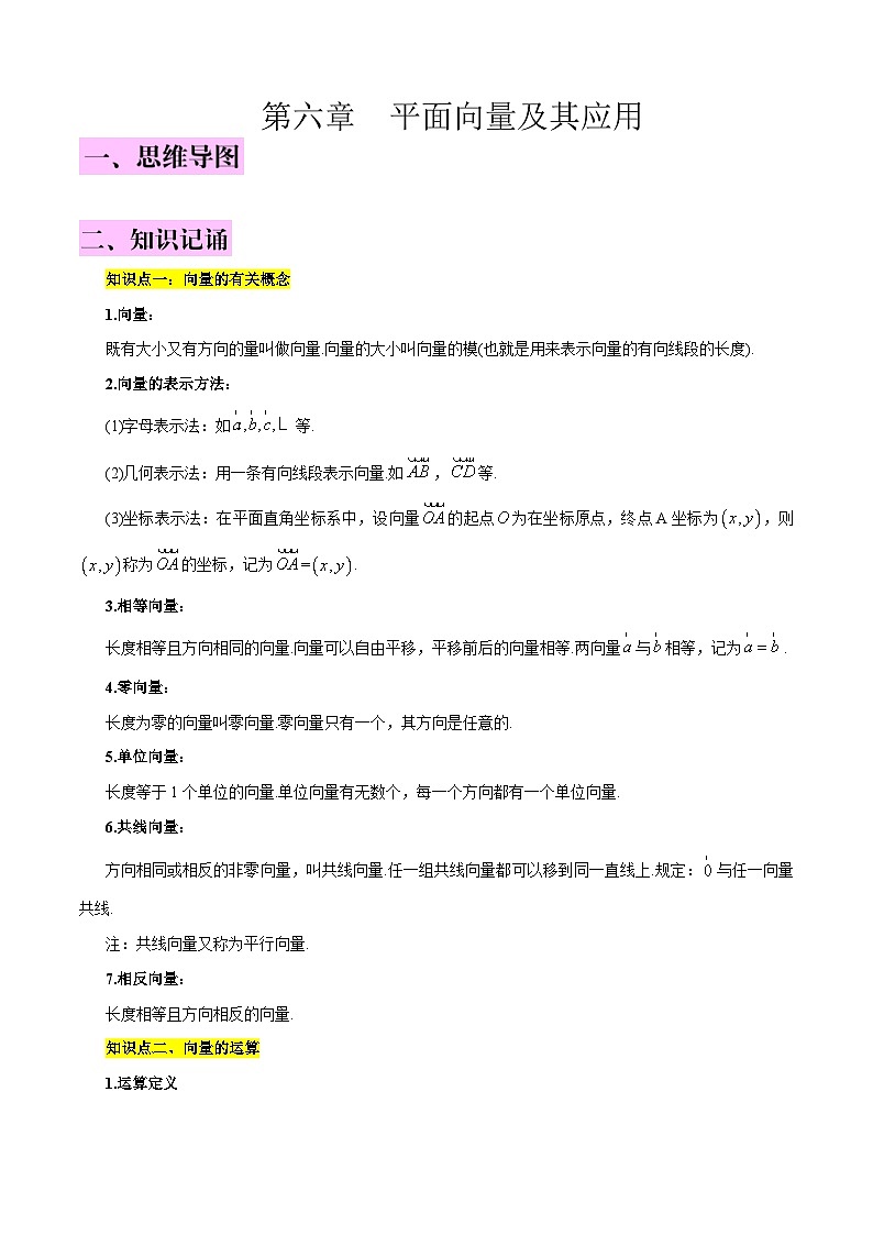 新高考数学一轮复习知识总结 平面向量及其应用（含解析）第1页