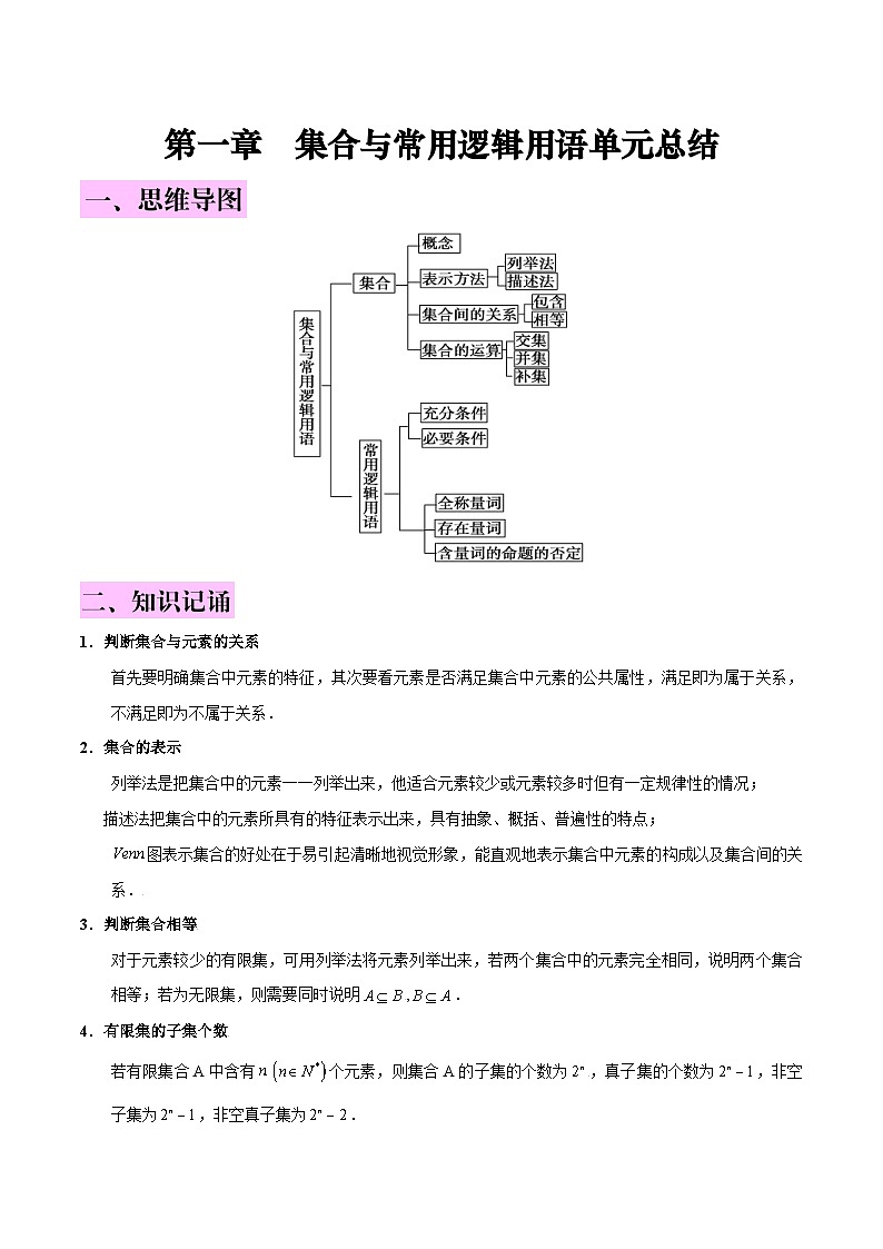新高考数学一轮复习知识总结 集合与常用逻辑用语（含解析）第1页