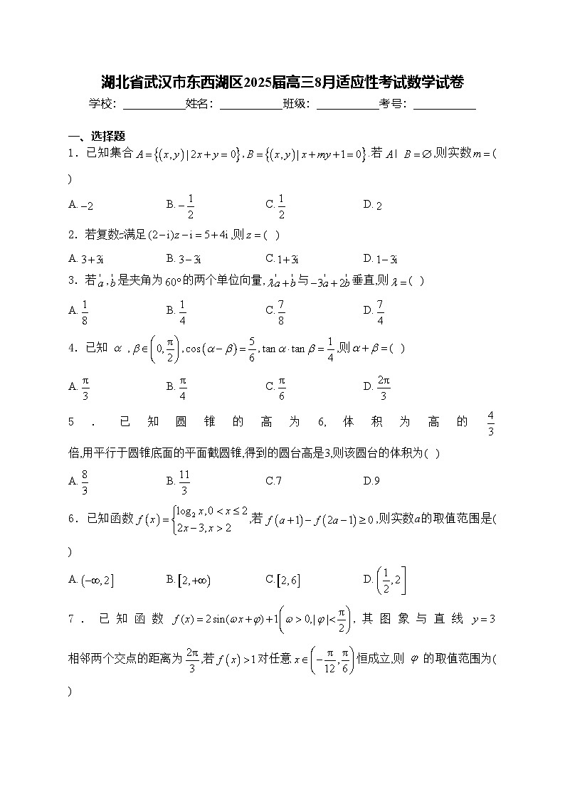 湖北省武汉市东西湖区2025届高三8月适应性考试数学试卷(含答案)第1页