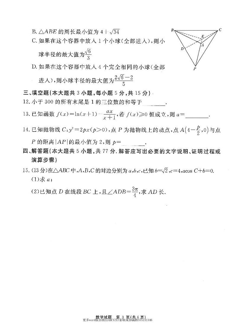 第9套：2024届安徽“耀正优+”高三名校期末测试数学第3页