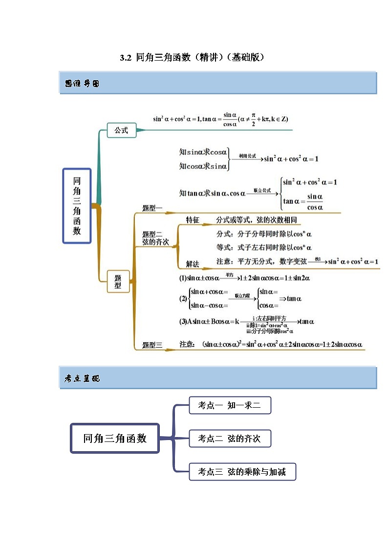 新高考数学一轮复习精讲精练3.2 同角三角函数（基础版）（解析版）第1页