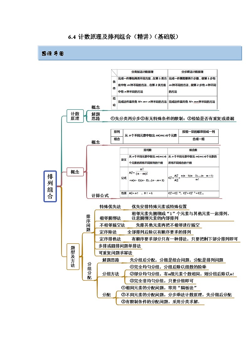 新高考数学一轮复习精讲精练6.4 计数原理及排列组合（基础版）（2份打包，原卷版+解析版）01