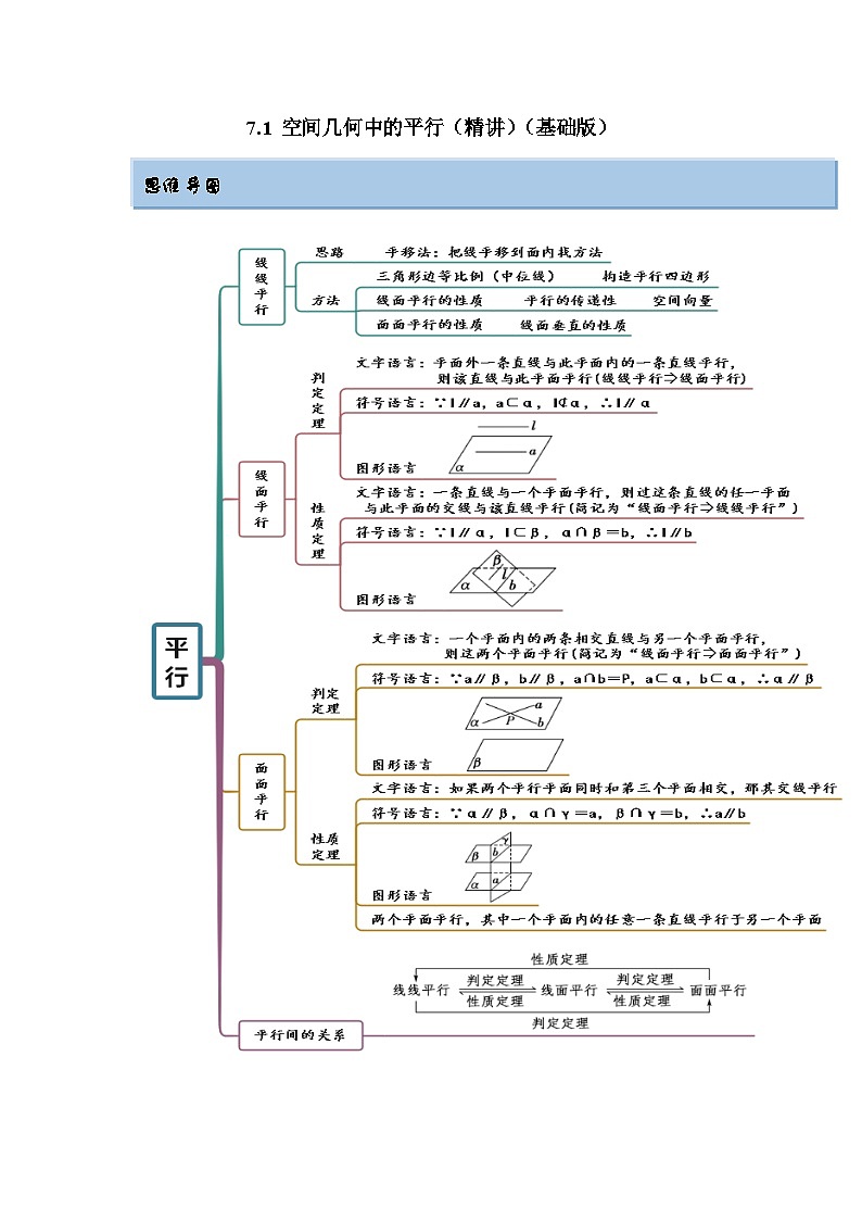 新高考数学一轮复习精讲精练7.1 空间几何中的平行（基础版）（原卷版）第1页
