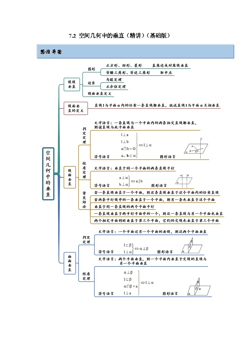 新高考数学一轮复习精讲精练7.2 空间几何中的垂直（基础版）（2份打包，原卷版+解析版）01