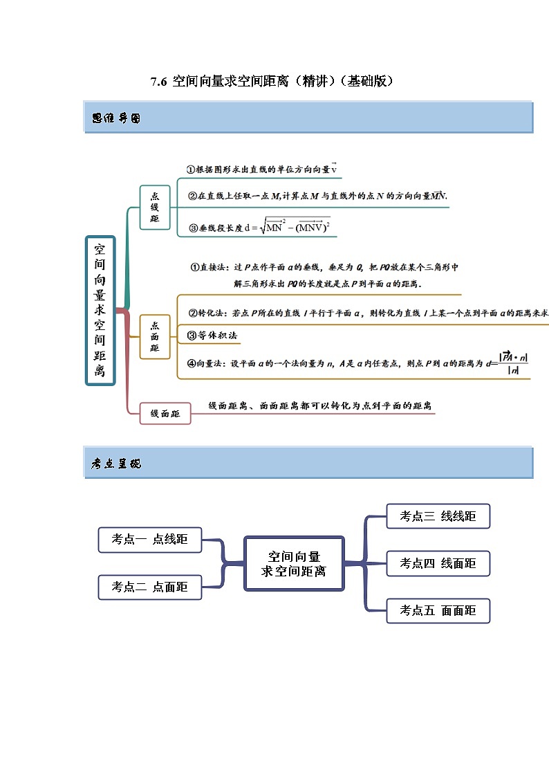 新高考数学一轮复习精讲精练7.6 空间向量求空间距离（基础版）（解析版）第1页