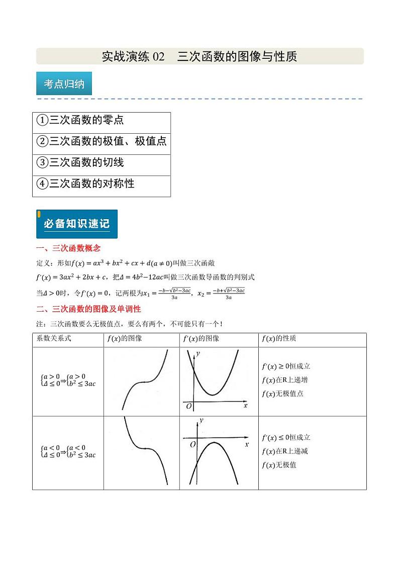 实战演练02 三次函数的图像与性质（4大常考点归纳）--备战2025年高考数学真题题源解密（新高考卷）教师版第1页