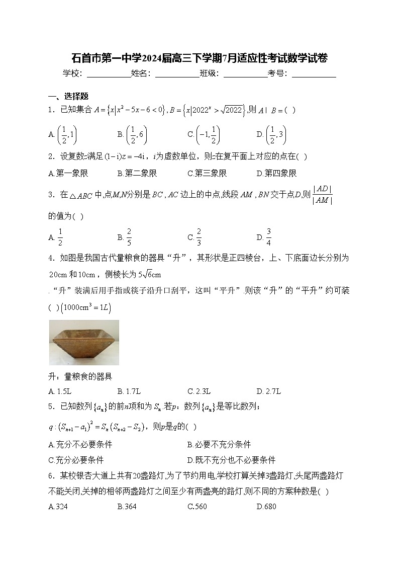 石首市第一中学2024届高三下学期7月适应性考试数学试卷(含答案)第1页