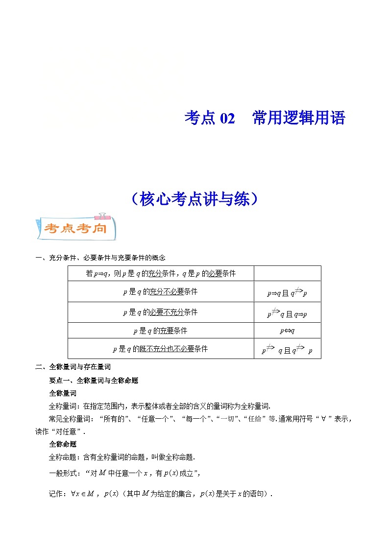 新高考数学一轮复习核心考点讲与练考点02  常用逻辑用语（2份打包，原卷版+解析版）01