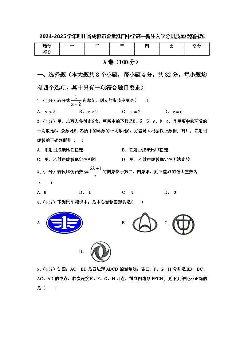 四川省成都市金堂县淮口中学校2024-2025学年高一新生上学期入学分班质量检测数学试题第1页