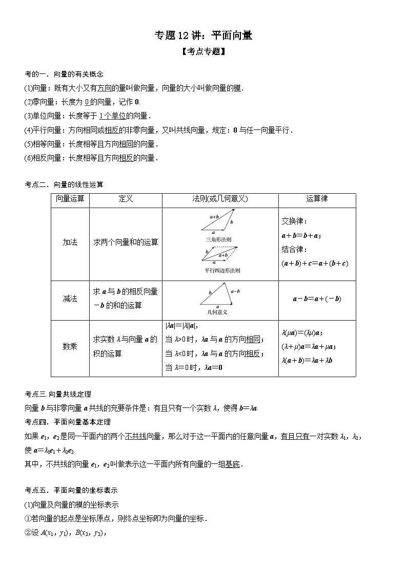 新高考数学二轮复习讲义专题12 平面向量 （2份打包，原卷版+解析版）01