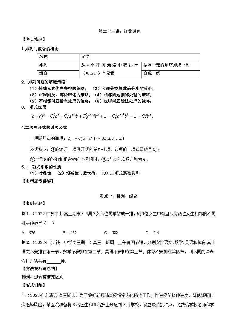 新高考数学二轮复习讲义第二十三讲计数原理（原卷版）第1页