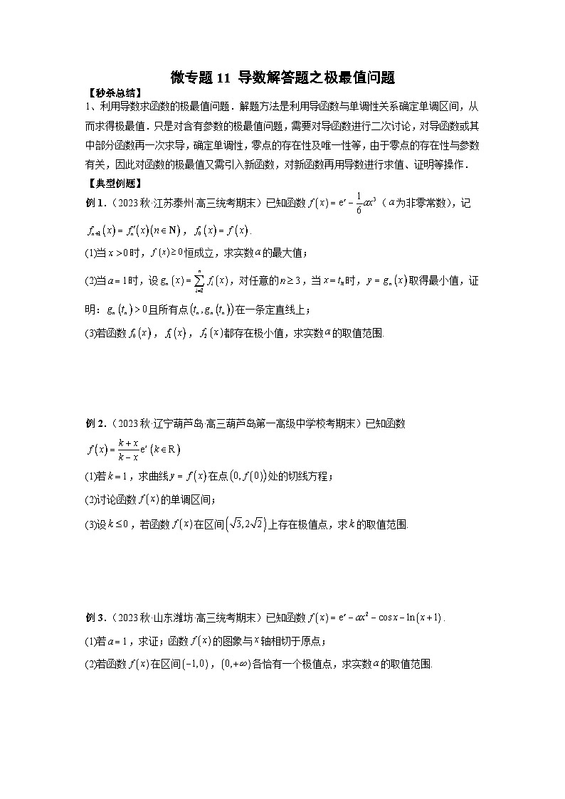 新高考数学二轮复习巩固练习11 导数解答题之极最值问题（原卷版）第1页
