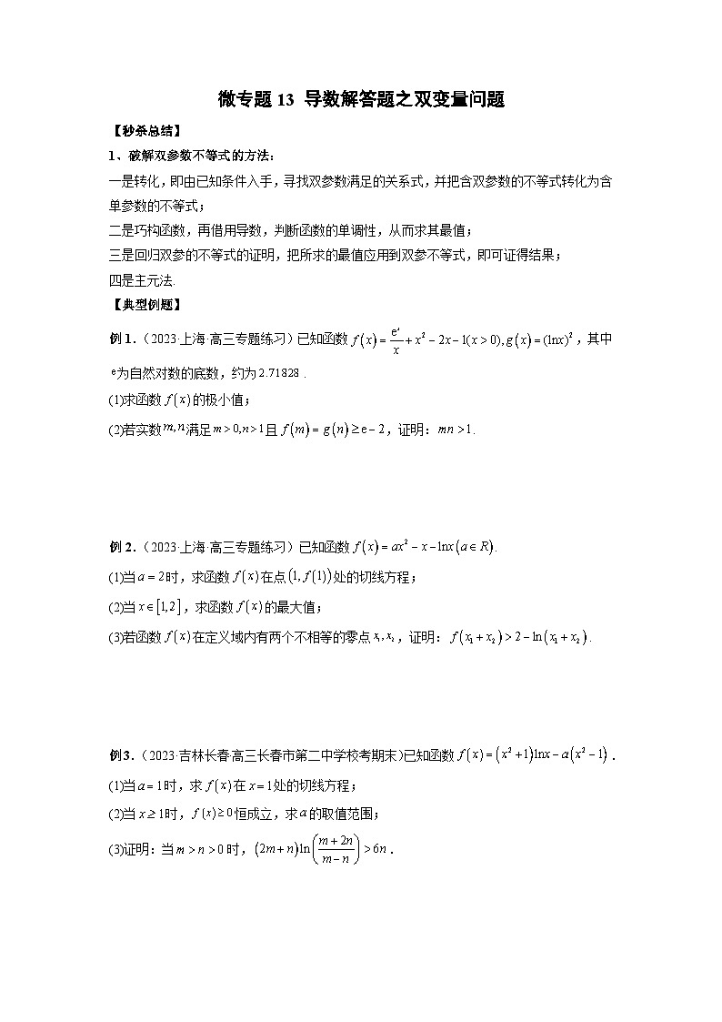 新高考数学二轮复习巩固练习13 导数解答题之双变量问题（原卷版）第1页