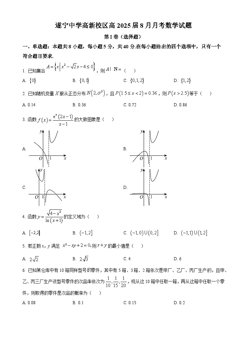 四川省遂宁中学校高新校区2025届高三上学期8月月考数学试题（原卷版）第1页