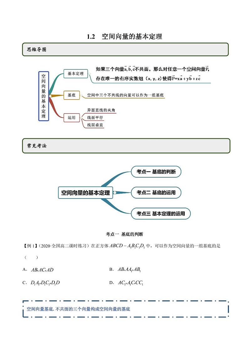 人教版A版第一章高二数学选择性必修第一册1.2 空间向量的基本定理同步练习（原卷版）01