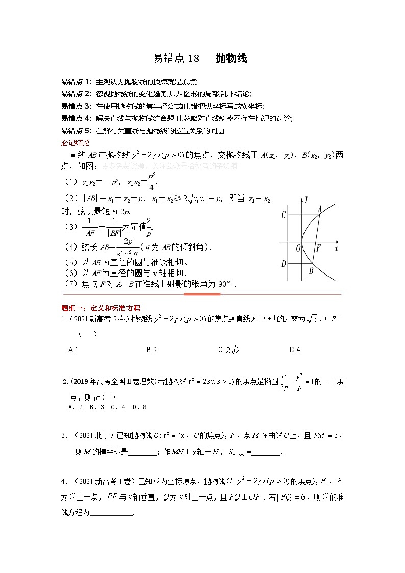 新高考数学二轮复习 易错点18  抛物线（2份打包，原卷版+解析版）01