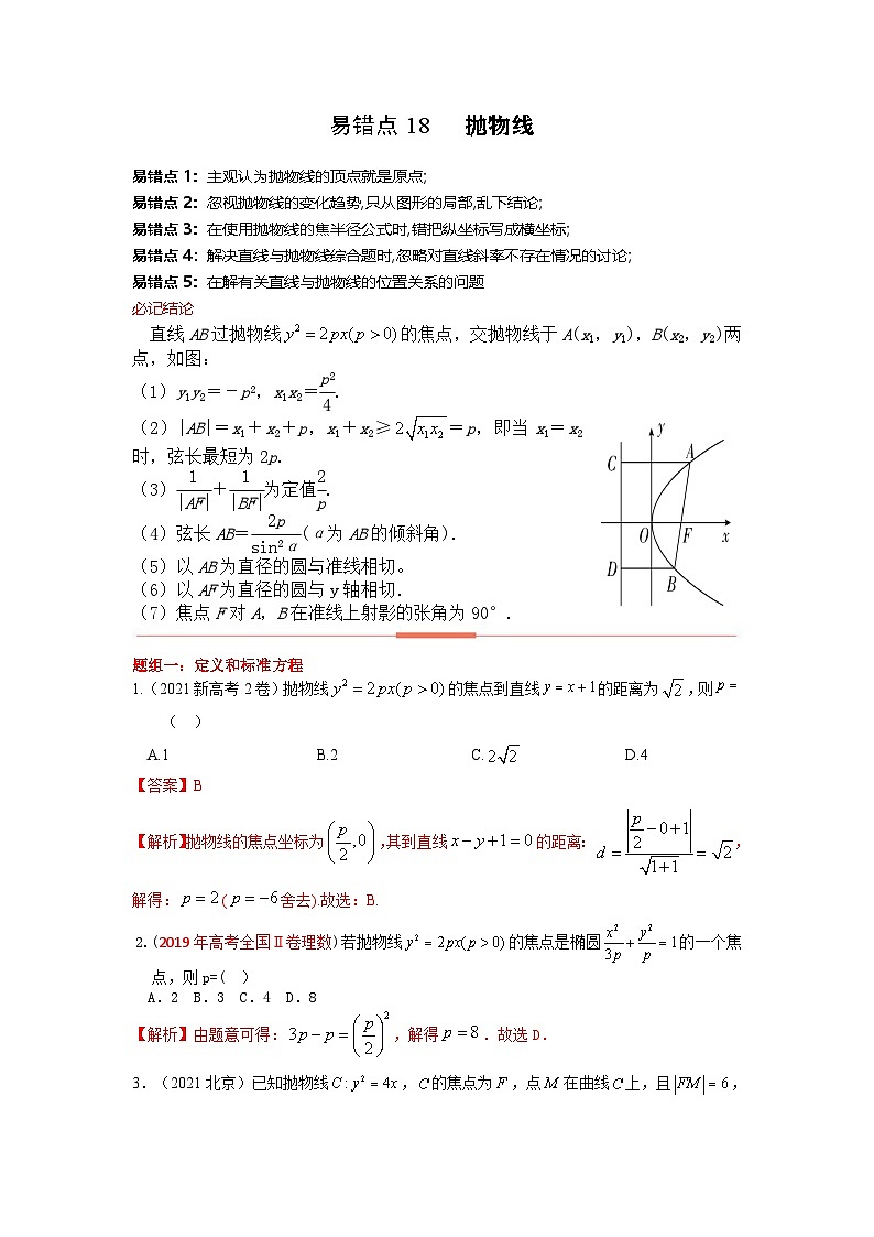 新高考数学二轮复习 易错点18  抛物线（2份打包，原卷版+解析版）01