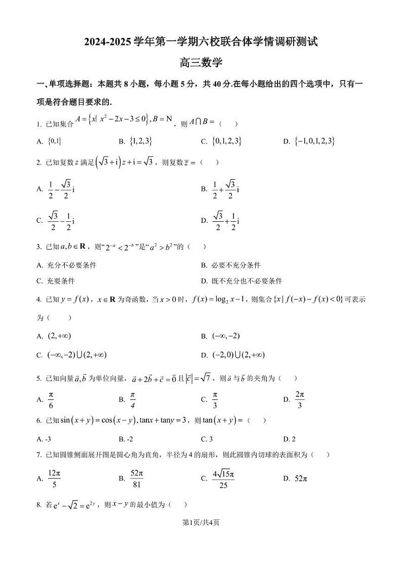 江苏省南京市六校联合体2024-2025学年高三上学期学情调研测试数学试题01