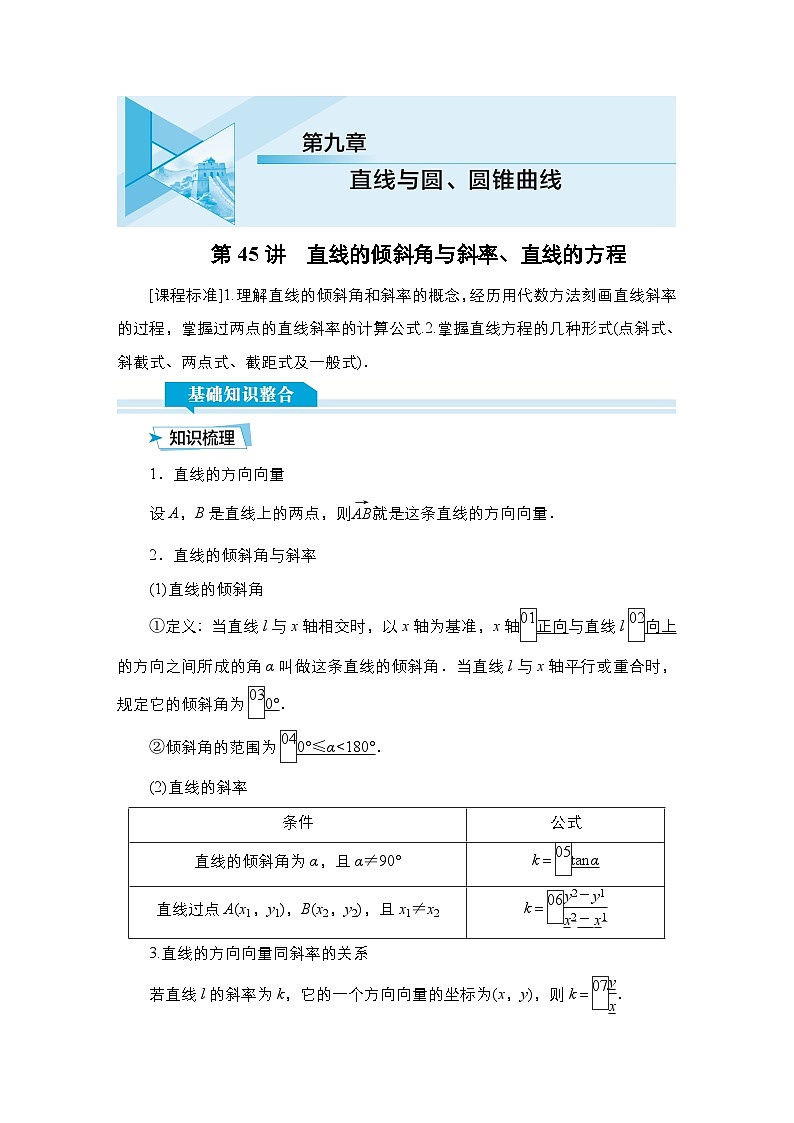 高考数学科学创新复习方案提升版第45讲直线的倾斜角与斜率、直线的方程学案（Word版附解析）第1页