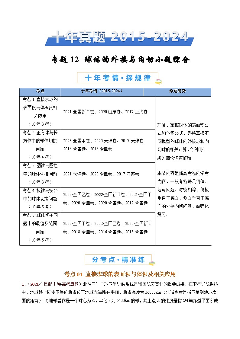 专题12 球体的外接与内切小题综合（学生卷）- 十年（2015-2024）高考真题数学分项汇编（全国通用）01