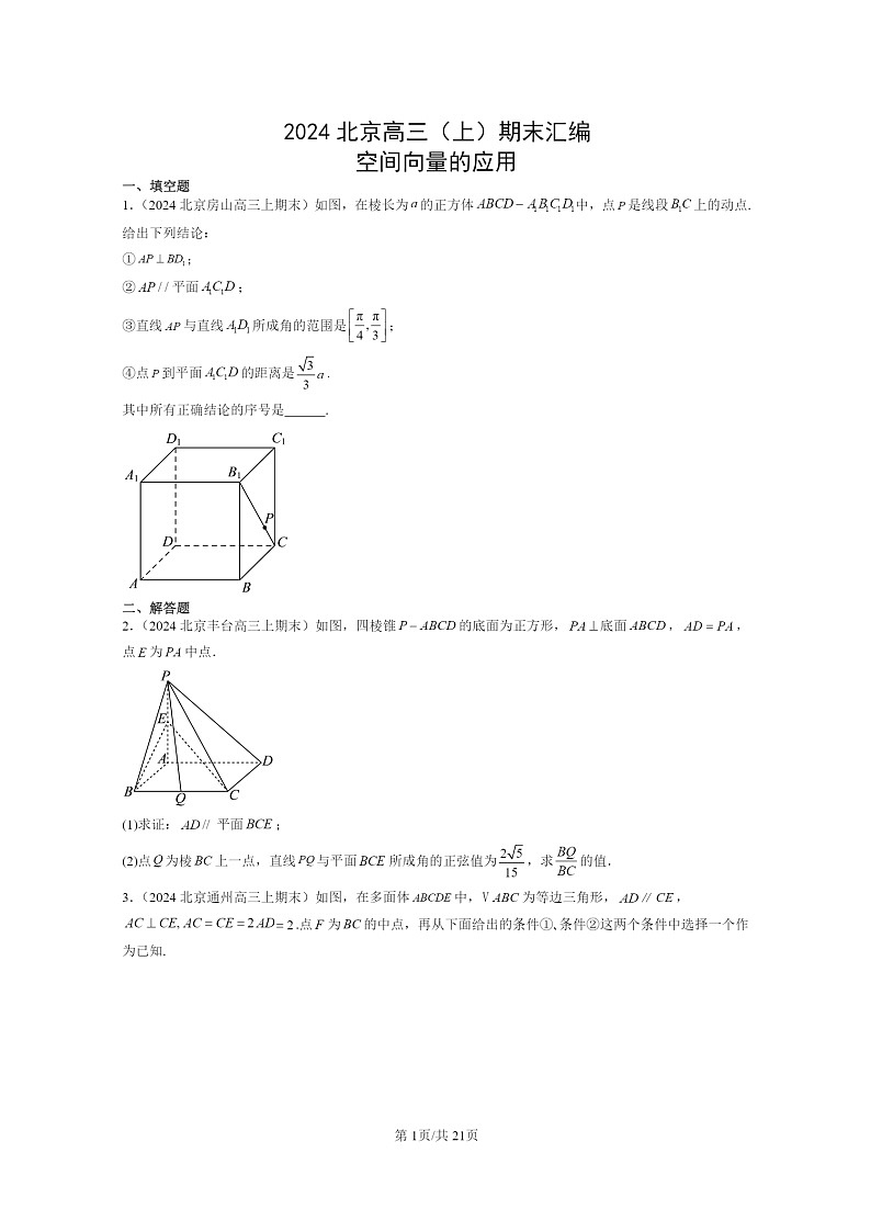 2024北京高三数学上学期期末真题分类汇编：空间向量的应用第1页