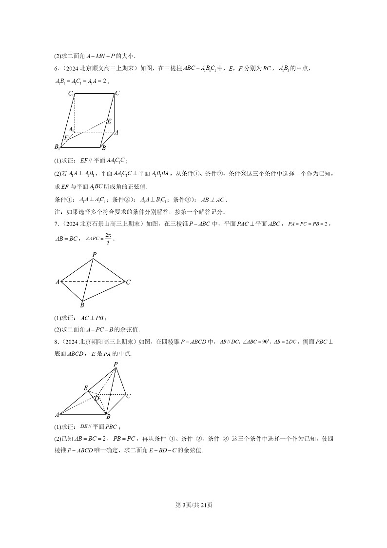 2024北京高三数学上学期期末真题分类汇编：空间向量的应用第3页