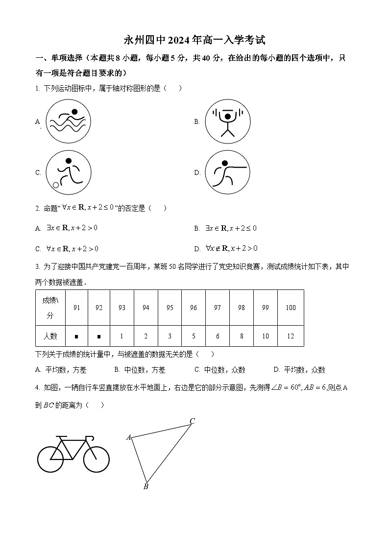 湖南省永州市第四中学2024-2025学年高一上学期入学测试数学试题（原卷版+解析版）01