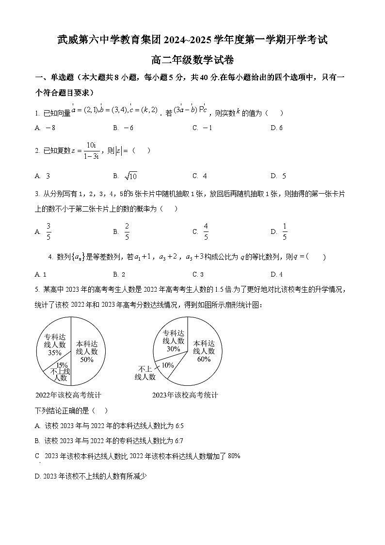 甘肃省武威市第六中学2024-2025学年高二上学期开学考试数学试卷（原卷版）第1页